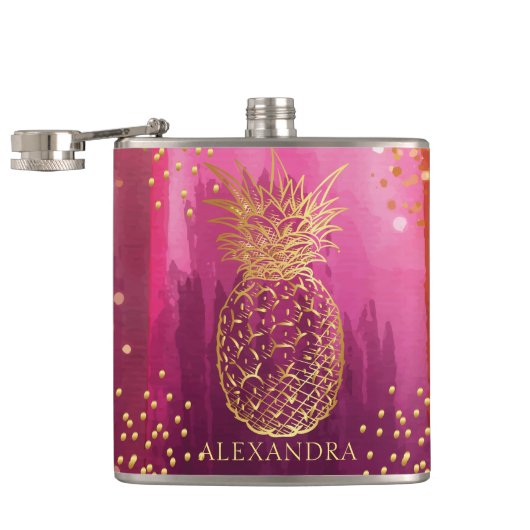 Personalisiert Pink Gold Ananas Glitzer Flachmann (Geöffnet)