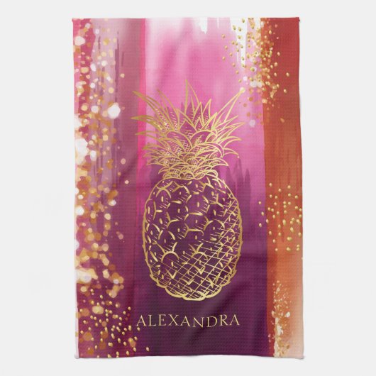 Personalisiert Pink Gold Ananas Glitzer Geschirrtuch (Vertikal)