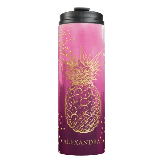 Personalisiert Pink Gold Ananas Glitzer Thermosbecher (Vorderseite)