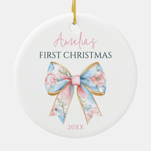Personalisiert Pink Gold Bow Baby Girl Keramik Ornament (Hinten)