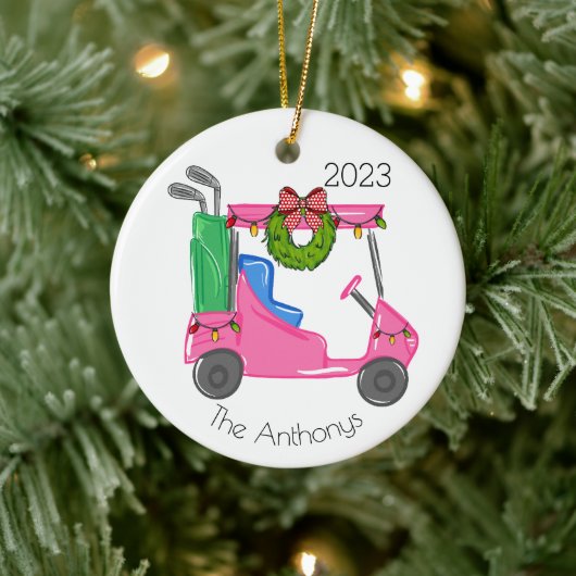 Personalisiert Pink Golf Cart Weihnachtsbeleuchtun Keramik Ornament (Baum)