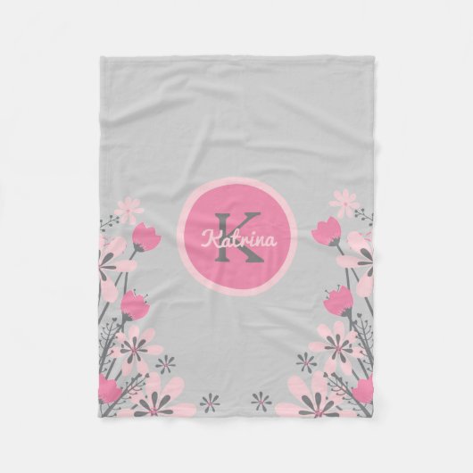 Personalisiert Pink Grau | Blume Kinderzimmer Girl Fleecedecke (Vorderseite)