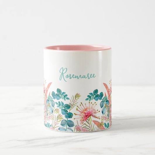 Personalisiert Pink Grevillea und Eukalyptus Zweifarbige Tasse (Mittel)