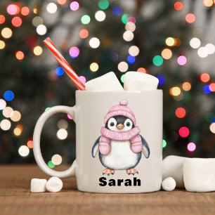 Personalisiert Pink Hat Penguin Individuelle Name Kaffeetasse