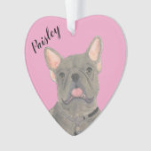 Personalisiert Pink Heart Blue Frenchie Ornament (Vorderseite)