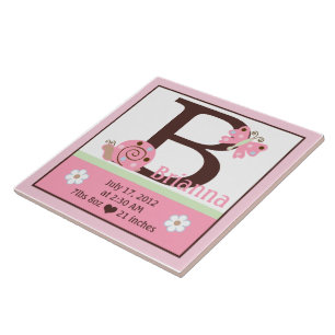 Personalisiert Pink Ladybug Birth Stats Tile Fliese