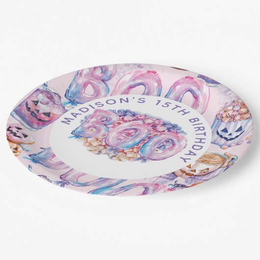 Personalisiert Pink Lila Halloween Boo Pappteller (Schrägansicht)