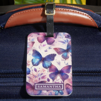 Personalisiert Pink Lila Watercolor Butterfly Gepäckanhänger