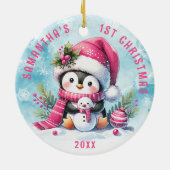 Personalisiert Pink Niedlich Pinguin Girl 1. Weihn Keramik Ornament (Hinten)