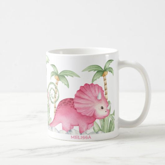 Personalisiert Pink Niedlich Triceratops Dinosauri Kaffeetasse (Rechts)
