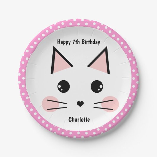 Personalisiert Pink Polka Dot Kitty Cat Pappteller (Vorderseite)