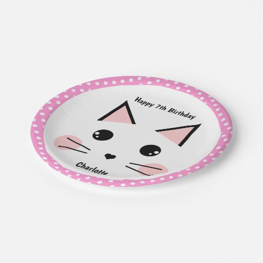 Personalisiert Pink Polka Dot Kitty Cat Pappteller (Schrägansicht)