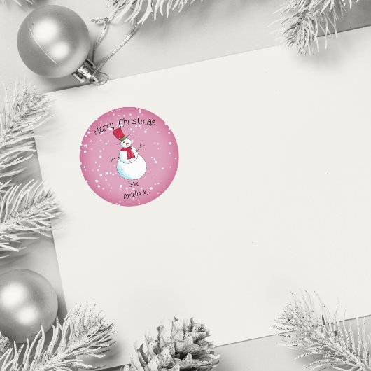 Personalisiert Pink Snowman Weihnachten Runder Aufkleber