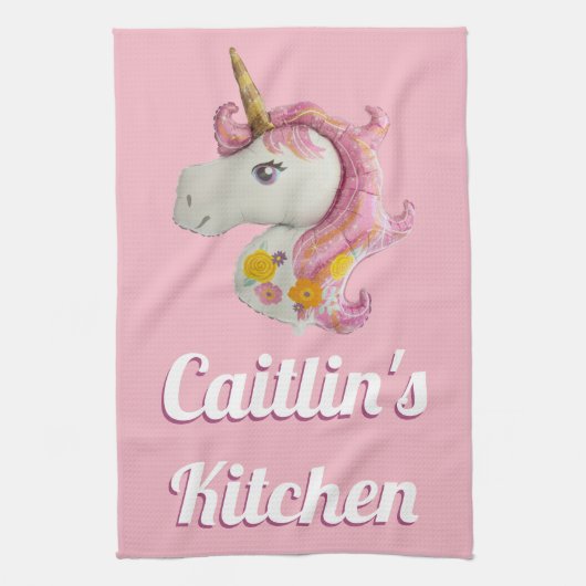 Personalisiert Pink Unicorn Balloon Girly Geschirrtuch (Vertikal)