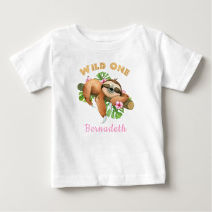 Personalisiert Pink WILD ONE Sloth 1. Geburtstag Baby T-shirt
