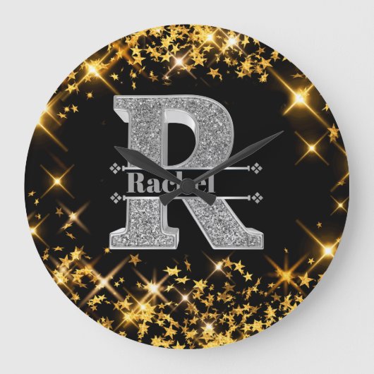 Personalisiert R Initial Silver Monogram Ihr Name Große Wanduhr (Vorderseite)