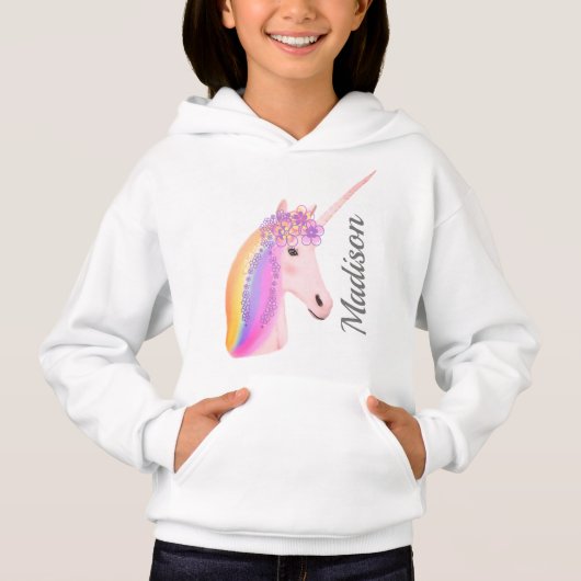 Personalisiert Rainbow Unicorn Blume Girl's Hoodie (Vorderseite)