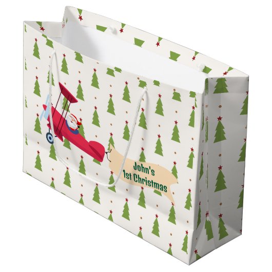 Personalisiert, Red Airplane & Santa, erste Weihna Große Geschenktüte (Vorderseite Schrägansicht)