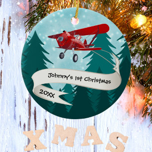 Personalisiert, Red Airplane & Santa, erste Weihna Keramik Ornament