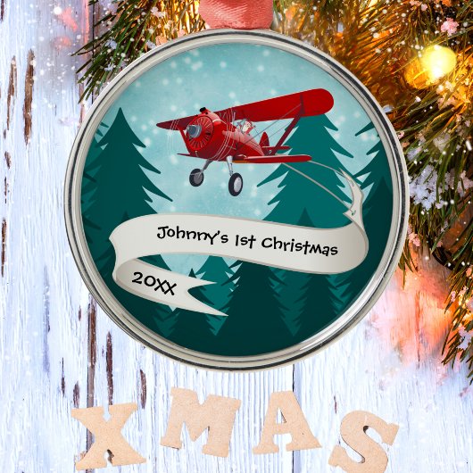 Personalisiert, Red Airplane & Santa, erste Weihna Ornament Aus Metall