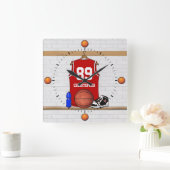 Personalisiert Red and White Basketball Jersey Quadratische Wanduhr (Zuhause)