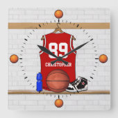 Personalisiert Red and White Basketball Jersey Quadratische Wanduhr (Vorderseite)