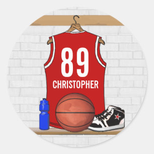 Personalisiert Red and White Basketball Jersey Runder Aufkleber
