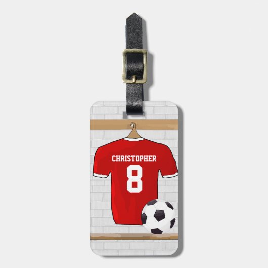 Personalisiert Red and White Football Soccer Jerse Gepäckanhänger (Vorderseite vertikal)