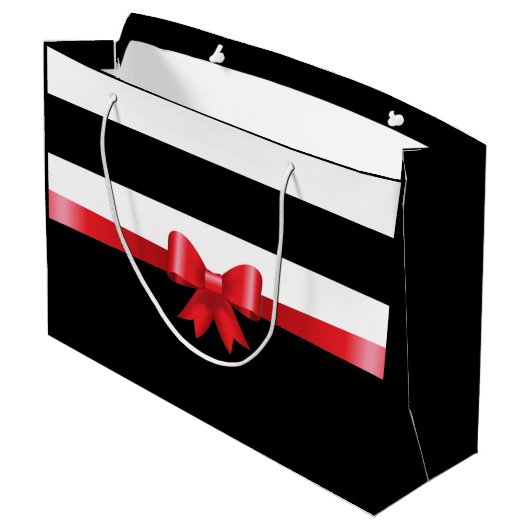 Personalisiert RED Black Bold Stripes RED SATIN BO Große Geschenktüte (Rückseite Schrägansicht)