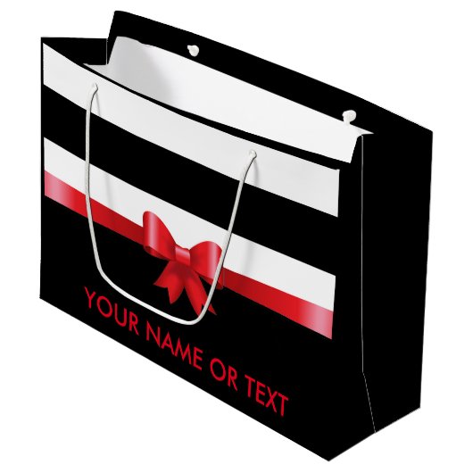 Personalisiert RED Black Bold Stripes RED SATIN BO Große Geschenktüte (Vorderseite Schrägansicht)