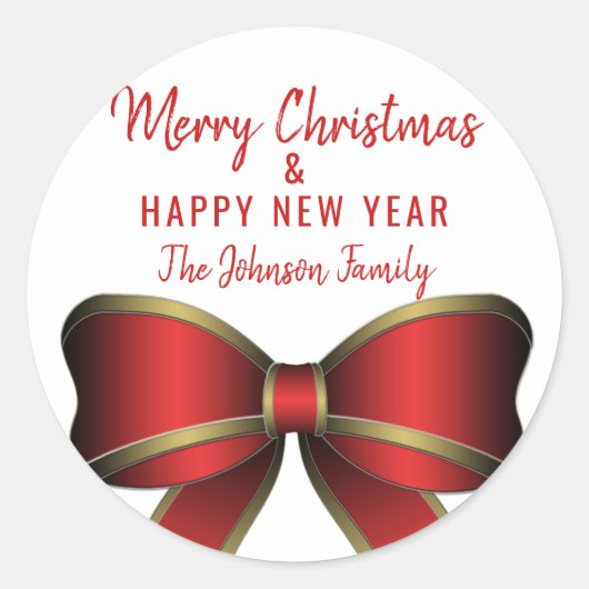 Personalisiert Red Bow White MERRY CHRISTMAS Tree Runder Aufkleber (Vorderseite)