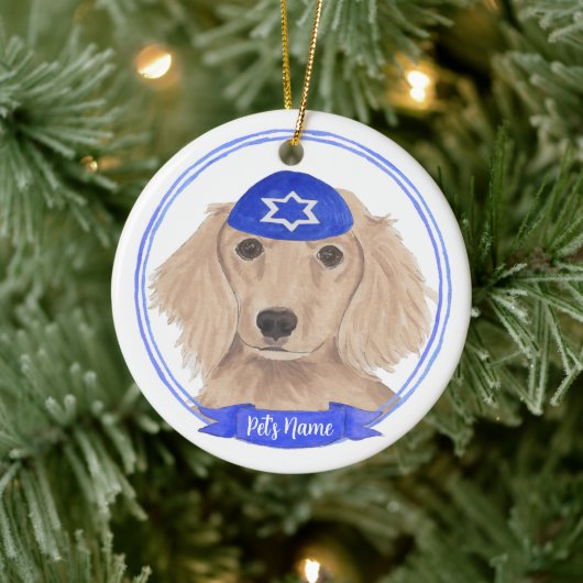 Personalisiert Red English Dackel Dog Hanukkah Keramik Ornament (Baum)