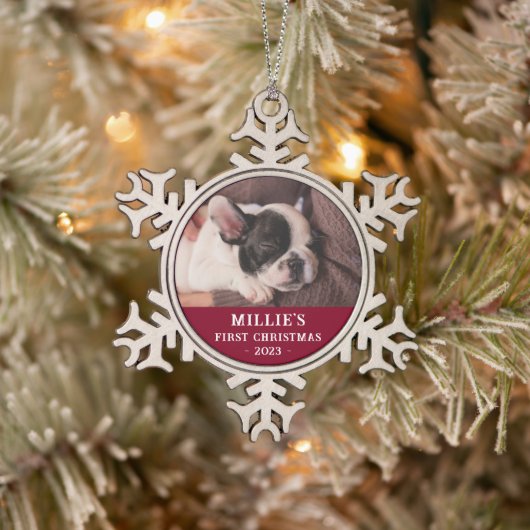 Personalisiert Red First Christmas Puppy Foto Schneeflocken Zinn-Ornament (Baum)