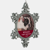 Personalisiert Red First Christmas Puppy Foto Schneeflocken Zinn-Ornament (Links)