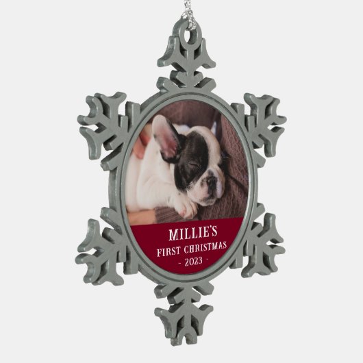 Personalisiert Red First Christmas Puppy Foto Schneeflocken Zinn-Ornament (Links)