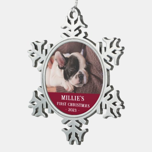 Personalisiert Red First Christmas Puppy Foto Schneeflocken Zinn-Ornament (Rechts)