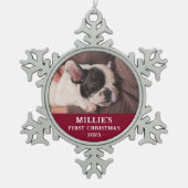 Personalisiert Red First Christmas Puppy Foto Schneeflocken Zinn-Ornament (Vorderseite)
