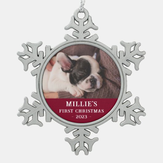 Personalisiert Red First Christmas Puppy Foto Schneeflocken Zinn-Ornament (Vorderseite)