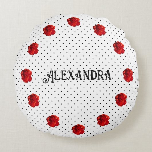 Personalisiert Red Floral Polka Dot Rundes Kissen (Vorderseite)