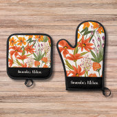 Personalisiert Red Floral Script Individuelle Name Ofenhandschuh & Topflappen-Set