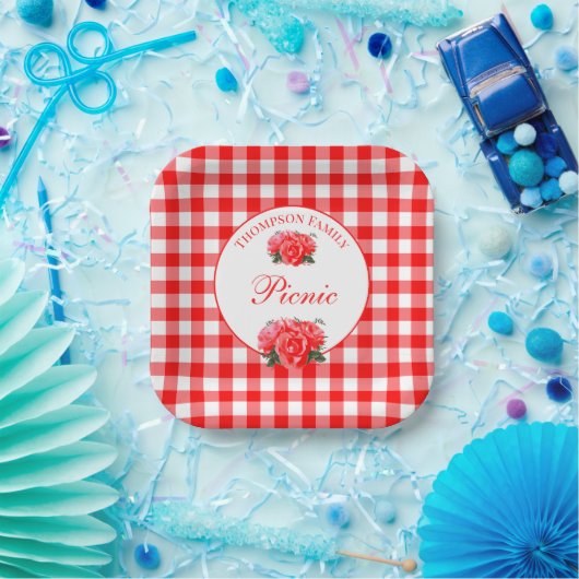 Personalisiert Red Gingham Buffalo Picnic Square Pappteller (Party)