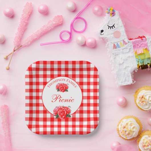 Personalisiert Red Gingham Buffalo Picnic Square Pappteller (Party)