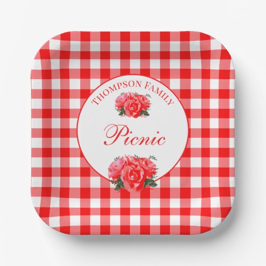 Personalisiert Red Gingham Buffalo Picnic Square Pappteller (Vorderseite)