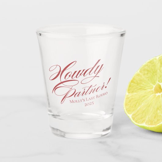 Personalisiert Red Howdy Partner Bachelorette Schnapsglas (Vorderseite)