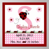 Personalisiert Red Ladybugs/Blume Birth Info Poste Poster (Vorne)