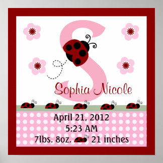 Personalisiert Red Ladybugs/Blume Birth Info Poste Poster