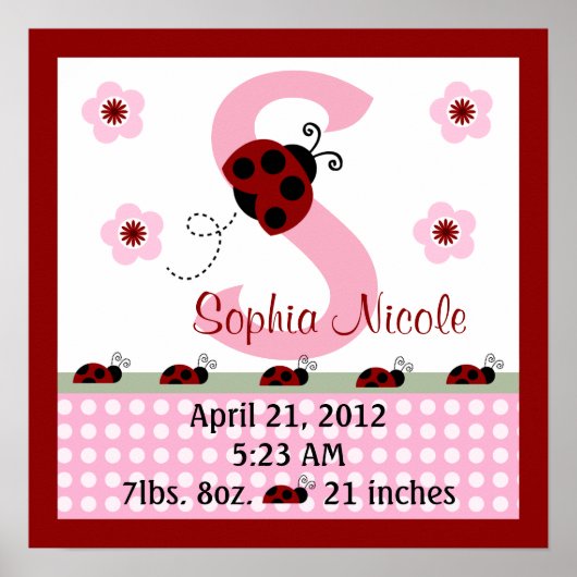 Personalisiert Red Ladybugs/Blume Birth Info Poste Poster (Vorne)