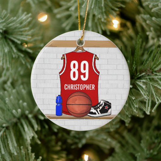 Personalisiert Red White Basketball Jersey Keramik Ornament (Baum)