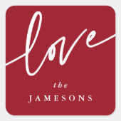 Personalisiert Red + White Liebe Script Schriftart Quadratischer Aufkleber (Vorderseite)