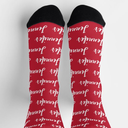 Personalisiert Red White Script Name Womens Socken (Oben)